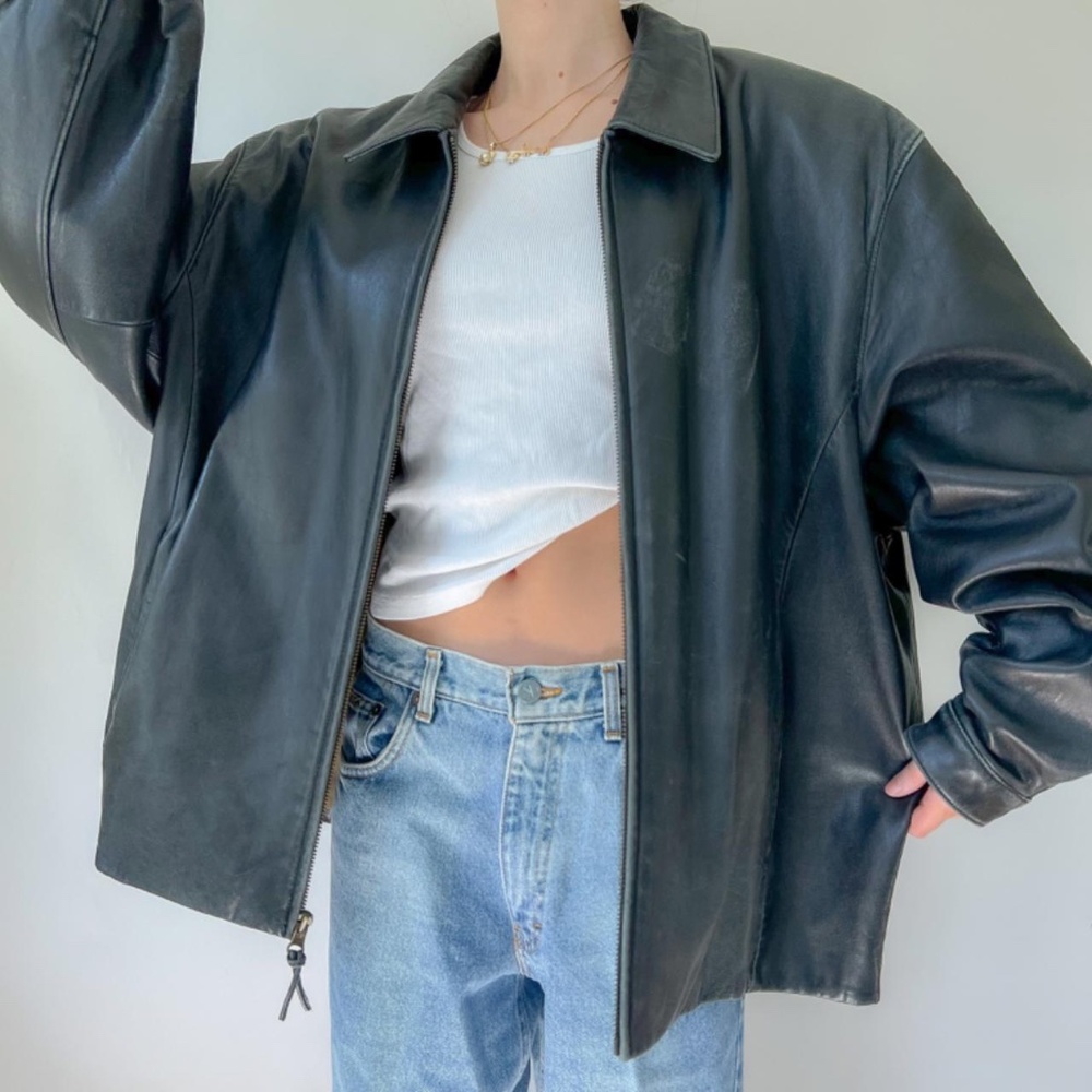 Vintage 80s/90s Black Collared Leather Aviator Bomber Jacket ✨